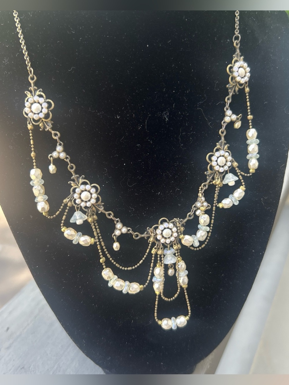 Vintage signed Michal Negrin Festoon Bib Necklace Antiqued Brass Chain